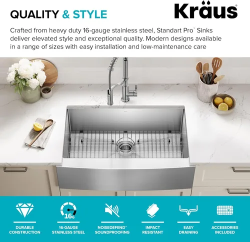 Miniatura 4 de Kraus KHF200-33 Standart PRO - Fregadero de acero inoxidable de 33 pulgadas, delantal de granja, cuenco individual calibre 16