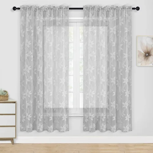 Miniatura 21 de DWCN Paquete de 2 cenefas de encaje floral para cocina, 52 x 18 pulgadas, con bolsillo para barra, cortina de gasa para ventana pequeña, cocina