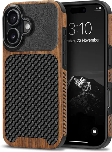 Miniatura 48 de TENDLIN Compatible con iPhone 17 Pro Max Funda de madera con textura de fibra de carbono Diseño de cuero híbrido delgado (negro)