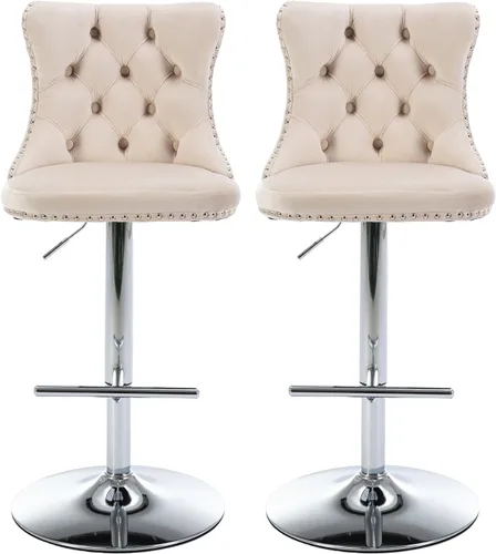 Shenyon Juego de 2 taburetes de bar giratorios, modernos taburetes de bar de altura de mostrador con respaldo, ribete de cabeza de clavo y Beige