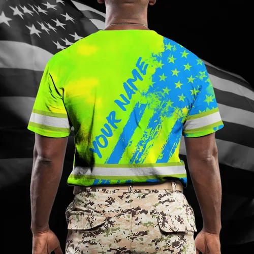 Miniatura 7 de Camisa de alta visibilidad con bandera de Estados Unidos de color para hombres y mujeres, con nombre personalizado, camisa de seguridad reflectante