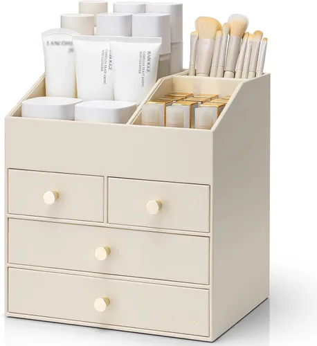 Vlando Organizador de Maquillaje para Encimera, Organizador Grande de Tocador de Cuero PU, Almacenamiento de Maquillaje con 4 Cajones, Organizadores
