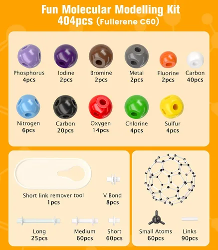 Miniatura 7 de Kit de modelo de química orgánica de 404 piezas, kit de modelo molecular portátil para clases de química, set de modelo de elementos atómicos