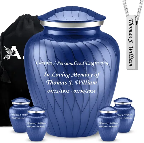 Miniatura 10 de Juego de 6 urnas funerarias decorativas negras y doradas personalizadas/grabadas para cenizas humanas, hombres y mujeres, con 1 urna grande