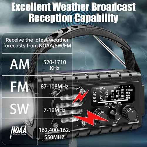 Miniatura 2 de Aivica Radio de Emergencia de 20000mAh, Radio Meteorológica SW/NOAA/AM/FM, Cargador de Manivela Solar con Batería Grande, Portátil, Carga