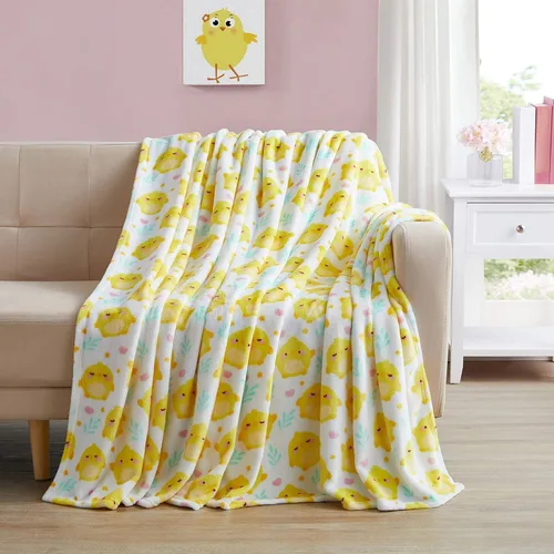 Miniatura 4 de Manta de forro polar suave para primavera de niñas y niños: bebés, pollitos, pájaros, flores en suave y acogedor amarillo, verde, rosa sobre fondo