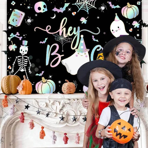 Miniatura 2 de Avezano Cartel de fondo de Halloween de Hey Boo de 7 x 5 pies, pancarta espeluznante de Little Boo, decoraciones para fiestas de Halloween para Negro