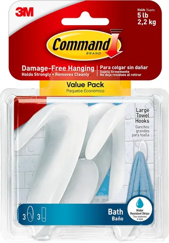 Command Bath - Gancho grande para toallas, paquete de valor, transparente con acabado helado, 3 ganchos grandes, 3 tiras resistentes al agua, Blanco