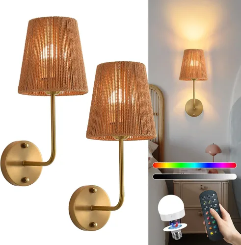 Miniatura 11 de Juego de 2 apliques de pared bohemios que funcionan con pilas, con pantalla de ratán dorado, luces de pared inalámbricas con bombillas recargables