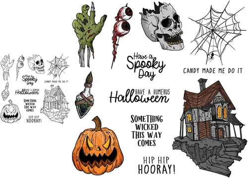 Miniatura 6 de Juego de sellos transparentes espeluznantes y troqueles de corte de metal con diseño de calavera de calabaza de Halloween con paquete de caja