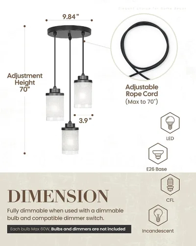 Miniatura 5 de TENGXIN Lámpara Colgante Moderna de 3 Luces con Pantalla de Vidrio Negro Mate, Iluminación Colgante Ajustable de Estilo Industrial Retro, Accesorio