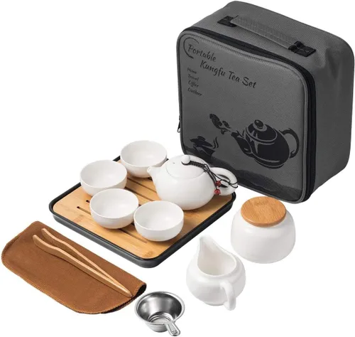 Miniatura 7 de Juego de Tetera y Tazas de Té Chino con Bandeja e Infusor - Juego de Té de Cerámica de Viaje, Tetera de Porcelana, Portátil Todo en Una Bolsa