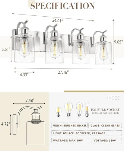 Miniatura 2 de Lámpara de tocador de baño con 4 luces, aplique de pared de níquel cepillado, lámpara de baño moderna con vidrio transparente, VL01BN-4 Níquel