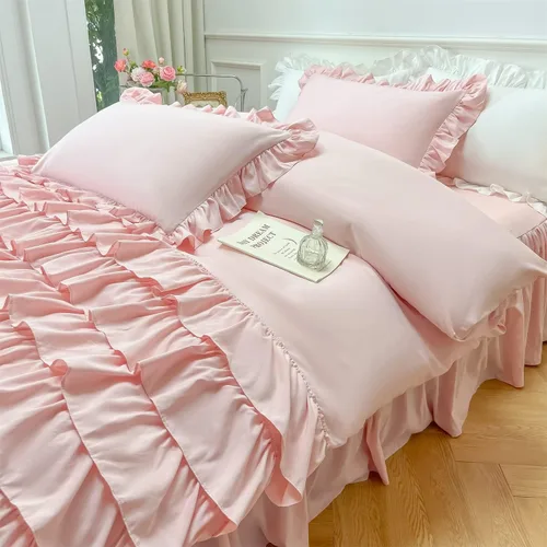 Miniatura 9 de MOOWOO Ropa de cama para niñas – Funda de edredón con volantes en cascada – 2 piezas Shabby Chic Color sólido suave y transpirable con cierre de Rosa
