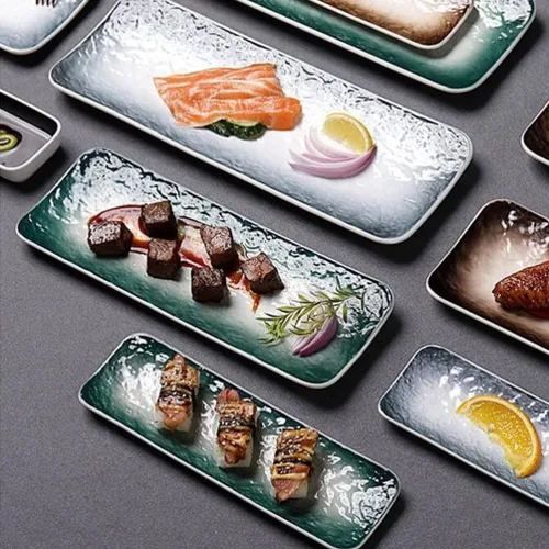 Miniatura 4 de CALLARON Plato de sushi de cerámica, 2 platos de porcelana para servir platos, bandeja rectangular de postres, bandeja de exhibición de postres