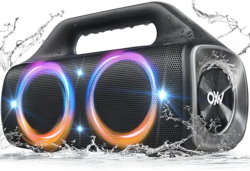 Altavoz Bluetooth impermeable IP67: 80 W (pico), altavoces inalámbricos portátiles para exteriores con luces LED, tiempo de reproducción de 20