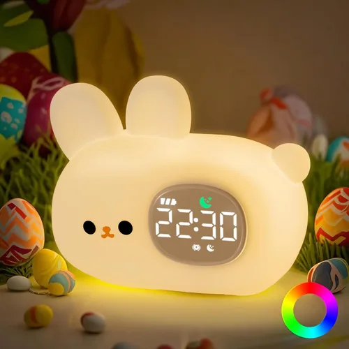 Reloj despertador de conejo con luz nocturna para niños con entrenamiento del sueño y máquina de sonido, lámpara de silicona recargable para