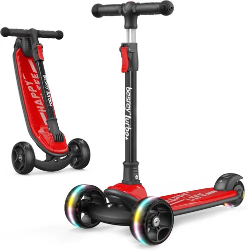Miniatura 10 de Besrey - Patinete para niños de 3 a 10 años, patinete plegable de 3 ruedas con altura ajustable, ruedas con luz LED, plataforma extra ancha