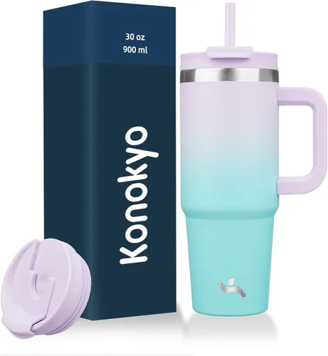 Miniatura 41 de Konokyo - Vaso de 40 onzas con asa y 2 pajillas, botella de agua aislada 2 en 1 con tapa. Taza de viaje de acero inoxidable para café, flores