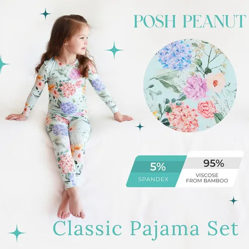 Miniatura 77 de Posh Peanut Pijamas para niñas, suaves, de viscosa de bambú para niños, pijamas a juego de manga larga para niñas