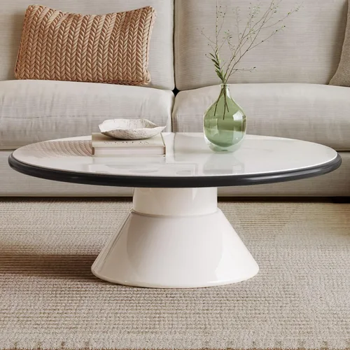 Miniatura 8 de Mesa auxiliar redonda con aspecto de mármol sintético, mesa central blanca con pedestal estable, mesa de comedor moderna de vidrio templado