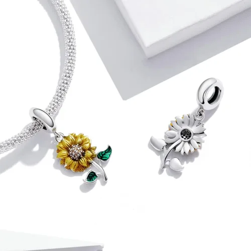 Miniatura 3 de Shysnow Pulseras de plata de ley 925 con dije de girasol, chapado en oro, circonita cúbica, con abalorios, brazalete, collar