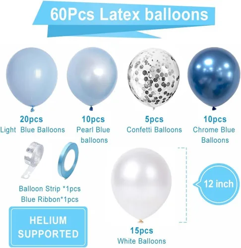 Miniatura 6 de Set de globos azules y blancos, 60 piezas de 12 pulgadas, globos metálicos cromados azul perla, globos azul claro para cumpleaños, despedida