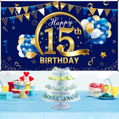 Miniatura 4 de Cartel de cumpleaños número 15 azul dorado para niños, suministros de fiesta de telón de fondo, letrero de fondo para fotos de cumpleaños de 15 años