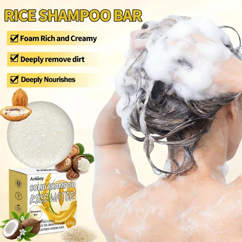 Miniatura 6 de ANKOOY Paquete de 2 barras de champú de agua de arroz, barras de champú de arroz para el crecimiento del cabello, champú para cabello seco, jabón