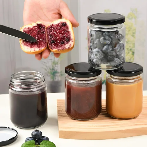 Miniatura 5 de Paquete de 24 tarros de vidrio de 8 onzas con tapas, tarros pequeños transparentes de 8.1 fl oz con 24 calcomanías, tarro reutilizable