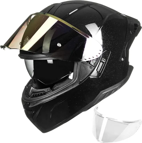Miniatura 12 de ILM Cascos de motocicleta de cara completa para adultos, hombres y mujeres, doble visera Powersports Motorbike Street Racing 619 (negro dorado, S)