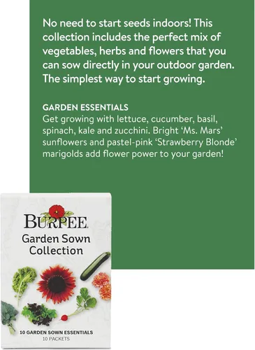 Miniatura 2 de Burpee Flores, Hierbas y Vegetales Sembrados en el Jardín, 10 Paquetes de Albahaca, Lechuga, Pepino, Rábano, Espinacas, Col Rizada, Calabacín