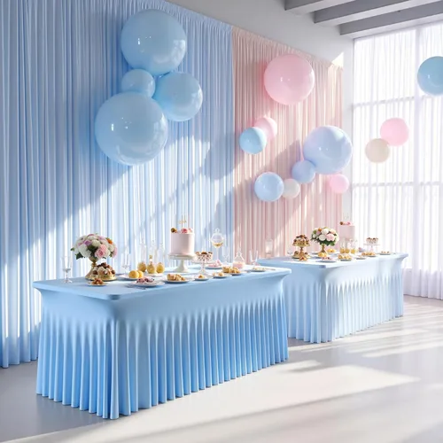 Miniatura 6 de Paquete de 2 manteles de elastano azul bebé de 6 pies con falda de mesa con volantes, manteles ajustables elásticos sin arrugas para mesas