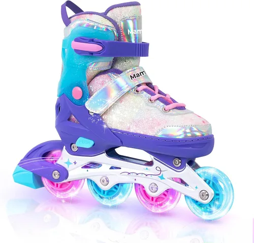 Mammygol Patines en línea para niñas y niños, 4 tamaños ajustables para niñas de 3 a 12 años con ruedas iluminadas y protección de seguridad, regalo
