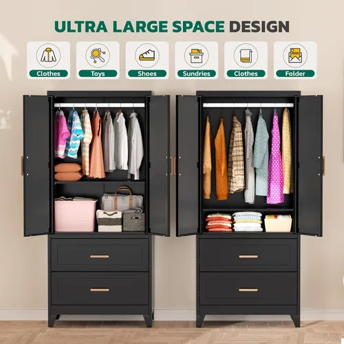Miniatura 9 de Greenvelly Metal Storage Wardrobe Cabinet with Lock, Metal Wardrobe Closet with Doors and Shelves, Modern Clothes Closet for Office, Bedroom and