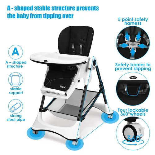Miniatura 4 de INFANS Silla alta con bandeja extraíble con una sola mano, 4 ruedas bloqueables y cesta de almacenamiento grande, altura multiajustable, reclinable