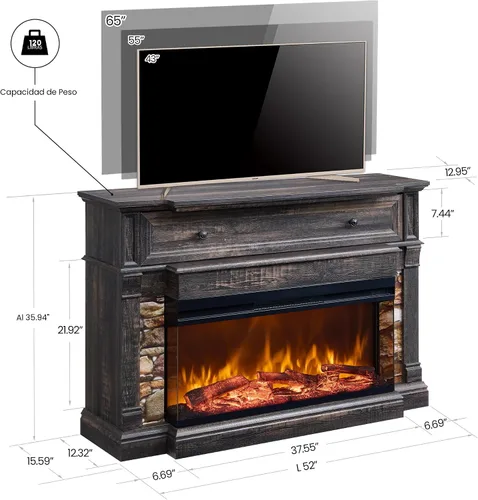 Miniatura 5 de OKD Chimenea eléctrica de 52" con repisa, chimenea independiente con inserto de vidrio de 3 lados de 36" para televisores de hasta 65" con gabinete