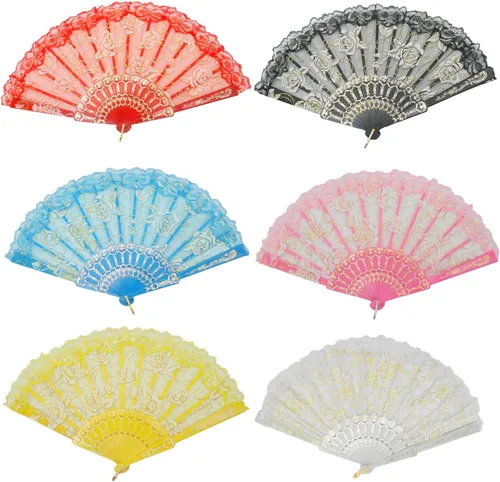 Miniatura 7 de TrendBox - Abanico chino de mano en encaje de rosas, diseño elegante vintage retro, plegable, para damas, para bailes de bola, 1 juego (10 colores)