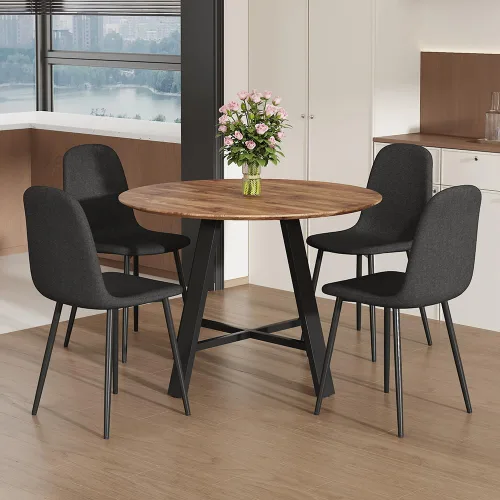 Miniatura 2 de Juego de 4 mesas de comedor redondas de 42 pulgadas para 4, sillas de mesa de cocina modernas, juego de 4 sillas tapizadas de madera con patas
