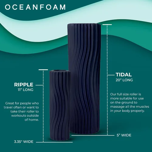 Miniatura 6 de Oceanfoam Tidal Roller - Azul Marino Oscuro - Rodillo de espuma para masaje muscular para dolor de espalda y estiramiento - Textura de onda ancha