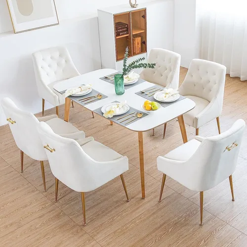 Miniatura 18 de Juego de 2 sillas de comedor modernas, sillas de mediados de siglo con cojines de 5.12 pulgadas y patas doradas, sillas de comedor tapizadas