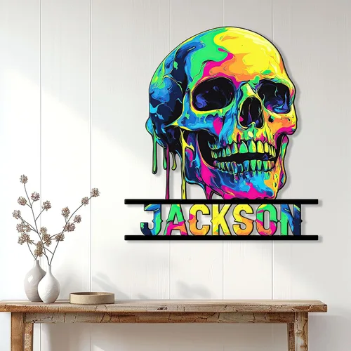 Miniatura 3 de Letrero de metal personalizado con calavera, letrero colgante de calavera para porche al aire libre, valla de pared con nombre personalizado, patio
