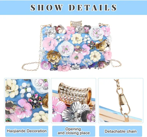 Miniatura 5 de Bolsos de noche florales para mujer, bolsos de mano con diamantes de imitación coloridos, bolso floral para novia, boda, bolso de hombro con cadena