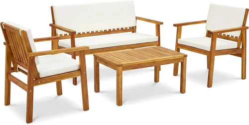 Miniatura 7 de Devoko Muebles de patio, 4 piezas, madera de acacia, juego de sofá de conversación al aire libre con mesa y cojines, sillas de porche para jardín