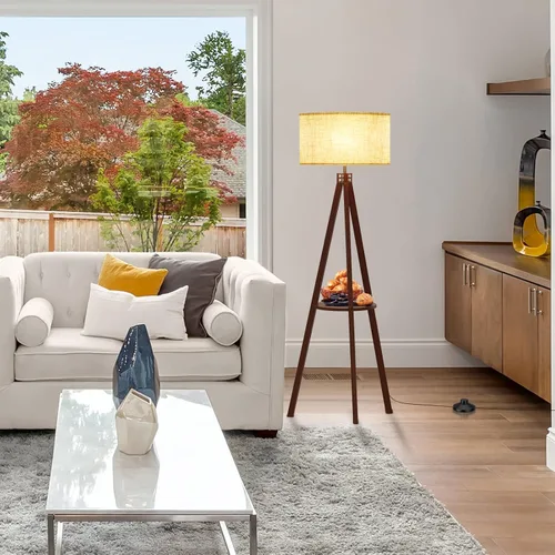 Miniatura 7 de LEPOWER Lámpara de pie con trípode, lámpara de pie de madera de mediados de siglo, lámpara de pie con diseño moderno y estante para sala de estar