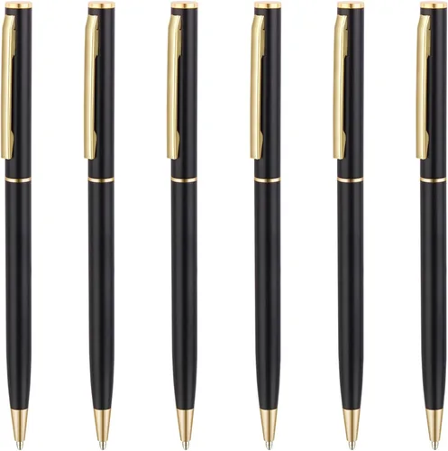 Unibene Paquete de 6 bolígrafos delgados dorados, negro mate y dorado metálico retráctil, punta media de 0.039 in con 6 recambios de acero