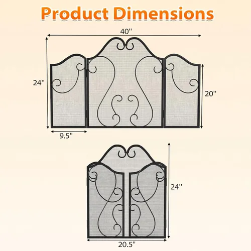 Miniatura 6 de Tangkula Pantalla de chimenea de 3 paneles, cubierta plegable de protección contra chispas con pergamino decorativo, puerta de chimenea