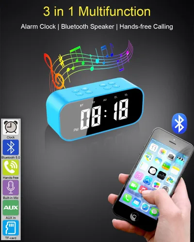 Miniatura 2 de AFK Reloj despertador digital con altavoz Bluetooth, reloj de escritorio para dormitorios, reloj de mesa pequeño con alarma dual, repetición, Azul