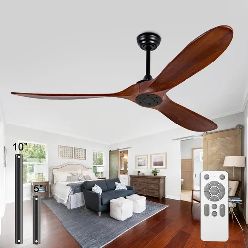 Miniatura 11 de Ventilador de techo de 52 pulgadas sin luz, con control remoto, motor CC reversible, con 3 aspas de madera maciza, para patio, sala de estar, Nogal