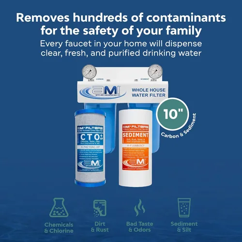 Miniatura 4 de Applied Membranes Inc. Sistema de filtro de agua para toda la casa de 2 etapas, cartuchos de filtro de carbono y sedimentos de 4.5x10 pulgadas